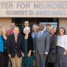 Dr. Robert and Kathleen Grey and family with Chancellor Gary May, Provost Mary Croughan, Dean Mark Winey and CNS Director Kimberley McAllister at the Robert D. Grey Hall building dedication ceremony at the Center for Neuroscience